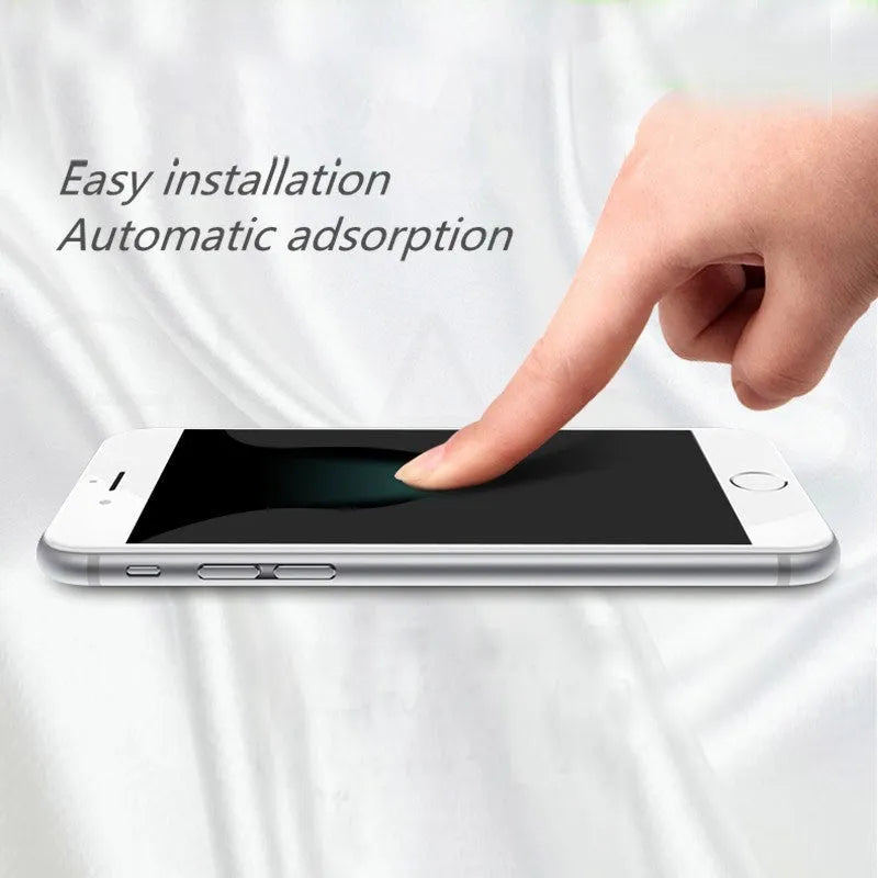Tempered glass screen protector with 9H hardness for iPhone and Samsung phones.