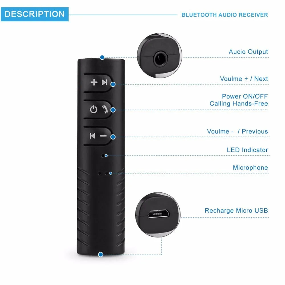 Black universal Bluetooth 4.1 car kit with 3.5mm AUX adapter for wireless music streaming.