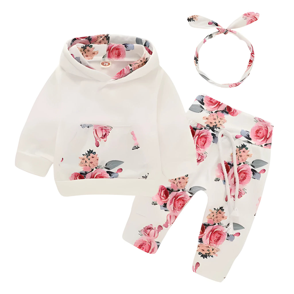 White cotton hooded tracksuit set for infant girl with long sleeves and trousers.