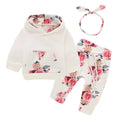 White cotton hooded tracksuit set for infant girl with long sleeves and trousers.
