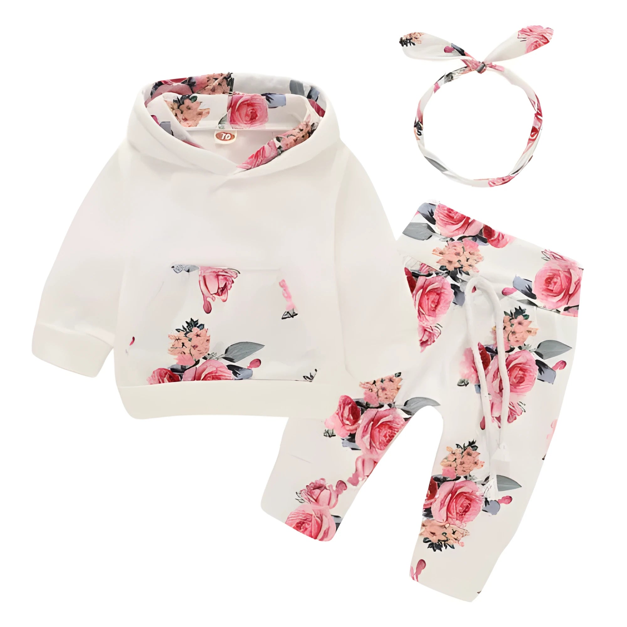 White cotton hooded tracksuit set for infant girl with long sleeves and trousers.