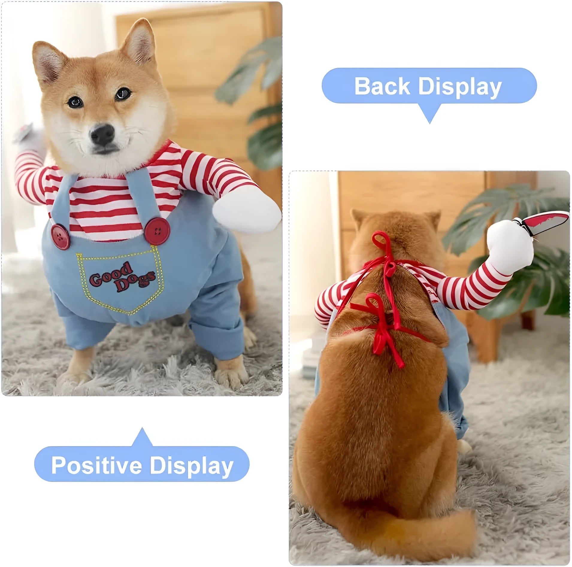Striped Halloween harness pants costume set for dogs and cats with knife accessory in sizes S M L XL
