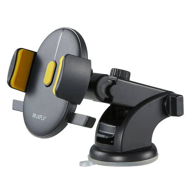 Yellow and black telescopic car phone holder with suction cup mounted on a dashboard.