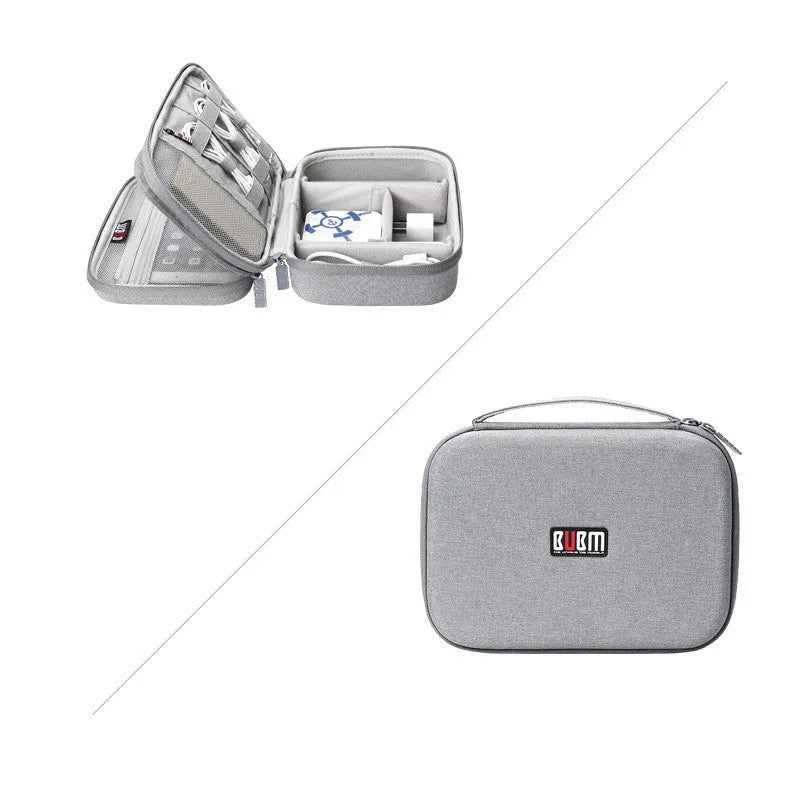 Black EVA digital storage bag with a handbag shape for organising headphones and cables.