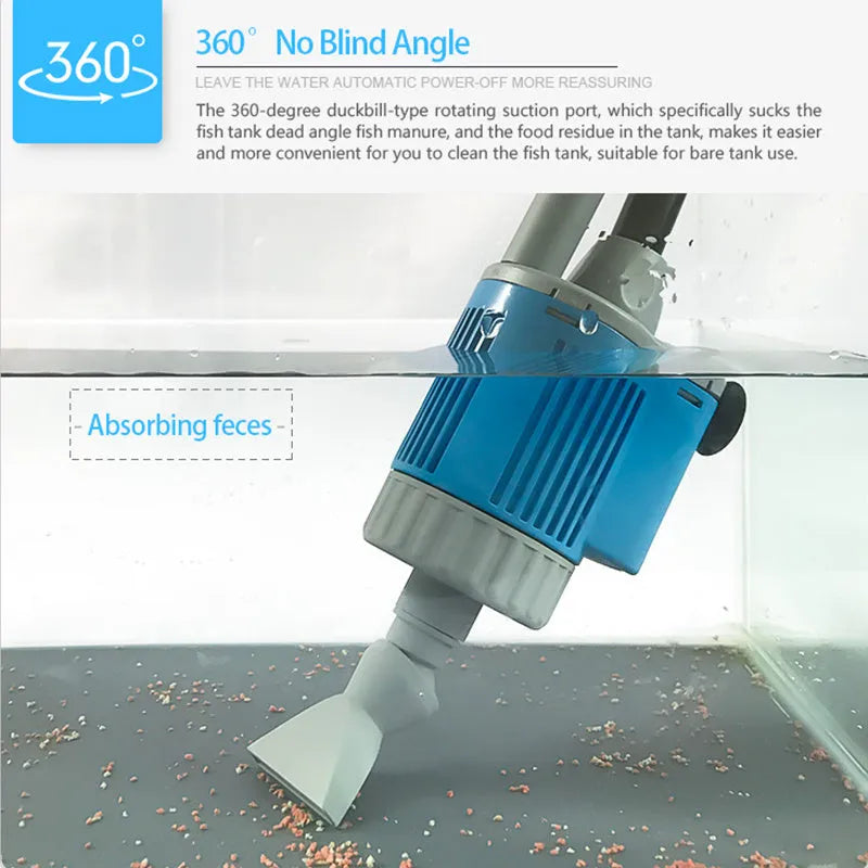 Electric aquarium gravel cleaner with 20W motor, plastic body, hose, and suction ports on white background
