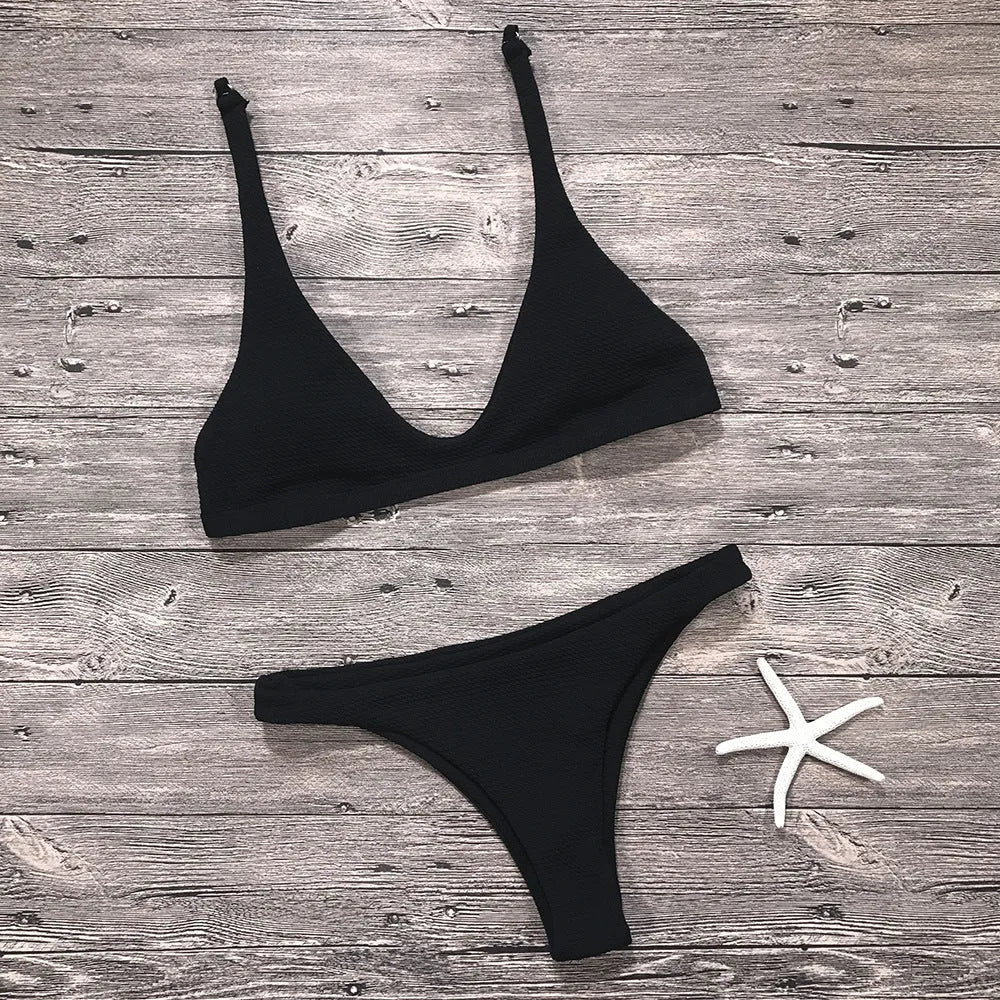 Women's solid colour bikini set low waist wire-free with removable pads polyester spandex beachwear