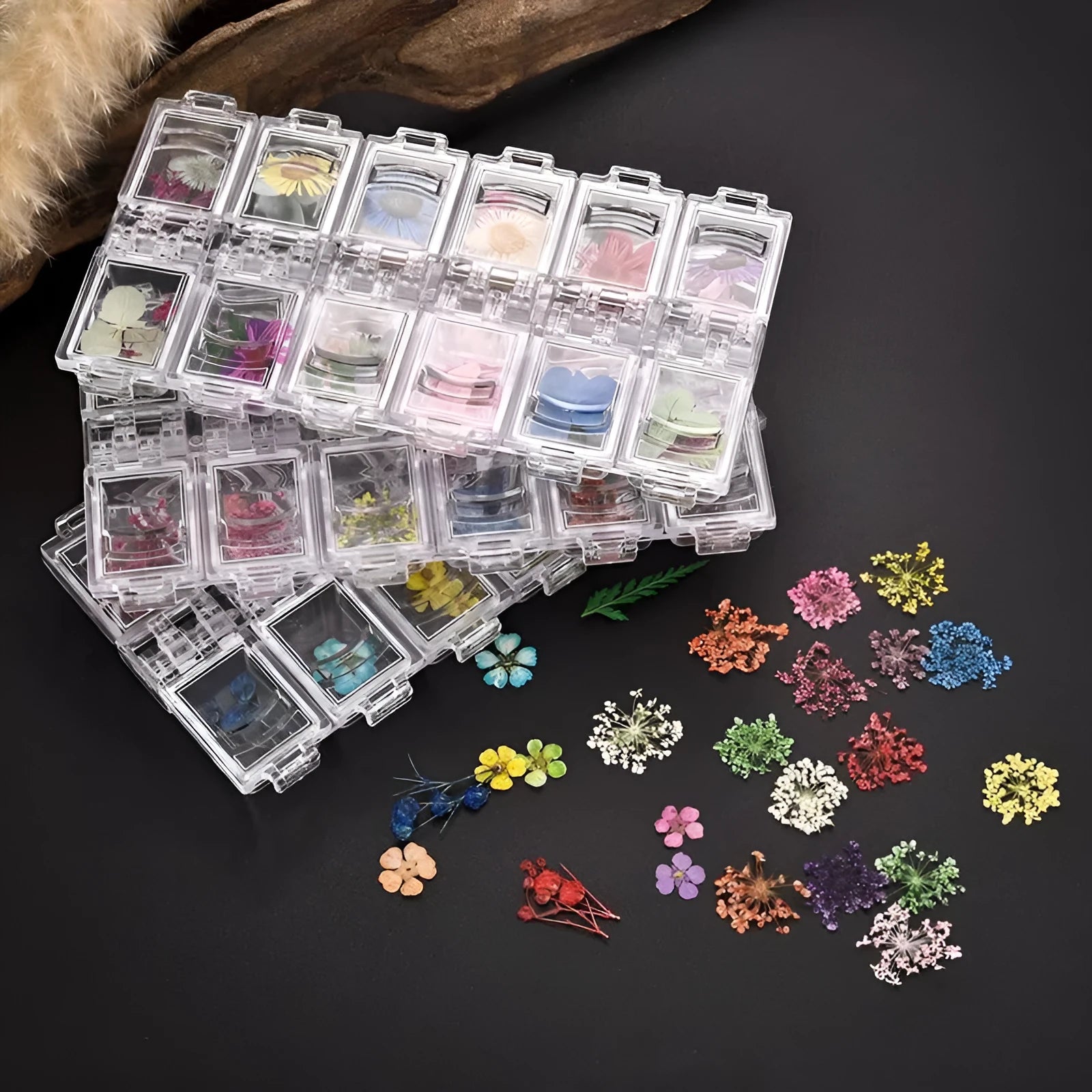 Three dimensional dried flower nail stickers in 12 colours for manicure