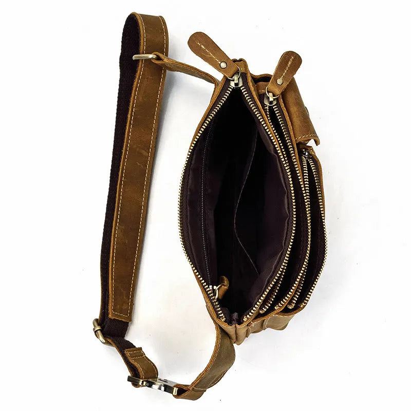 Men's genuine cowhide leather crossbody chest bag with multiple zipper pockets in brown
