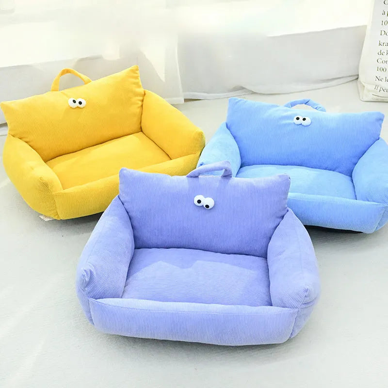 Cartoon big eye pet sofa kennel bed in moon velvet fabric showing blue colour option