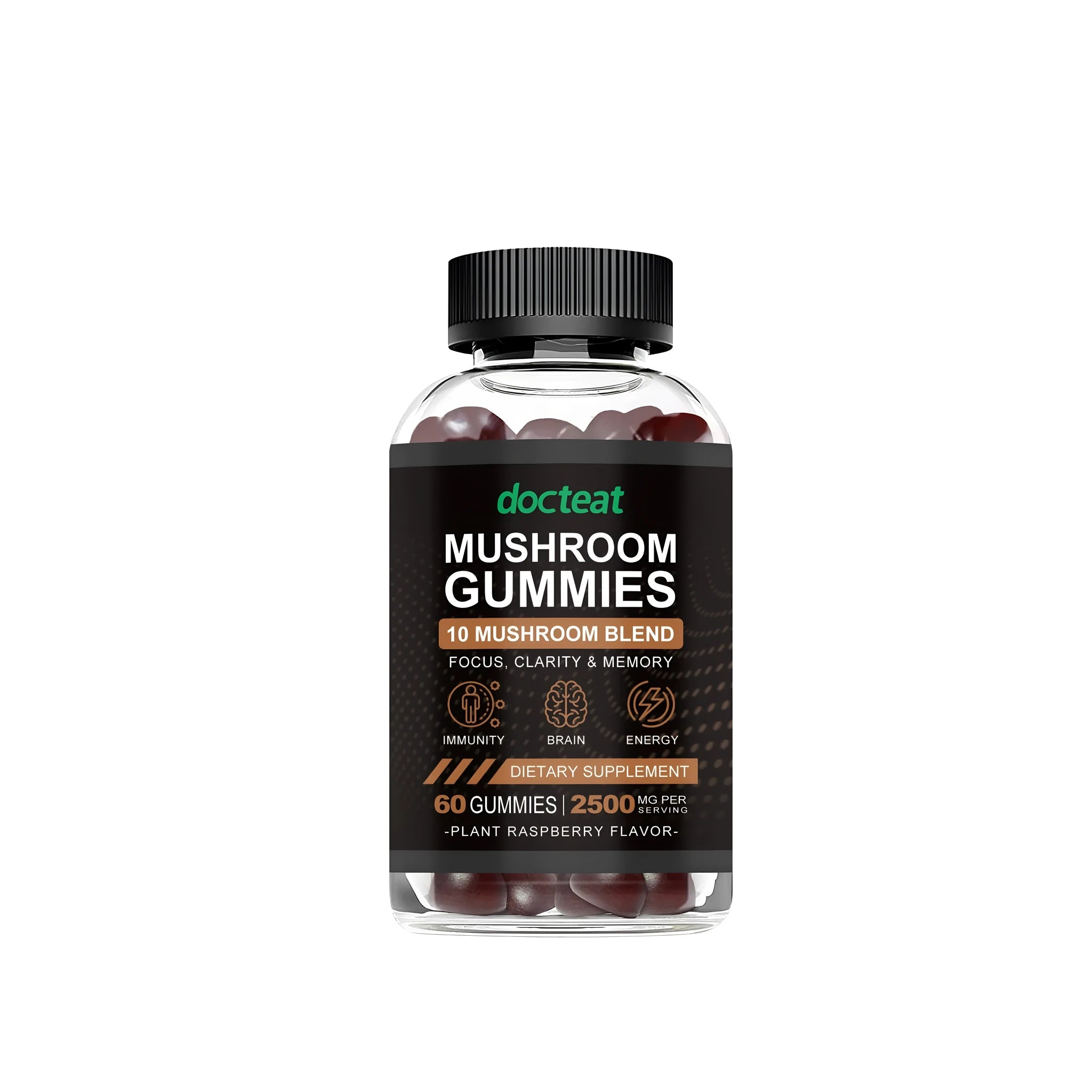 Pack of 60 mushroom gummies dietary supplement in transparent PET packaging