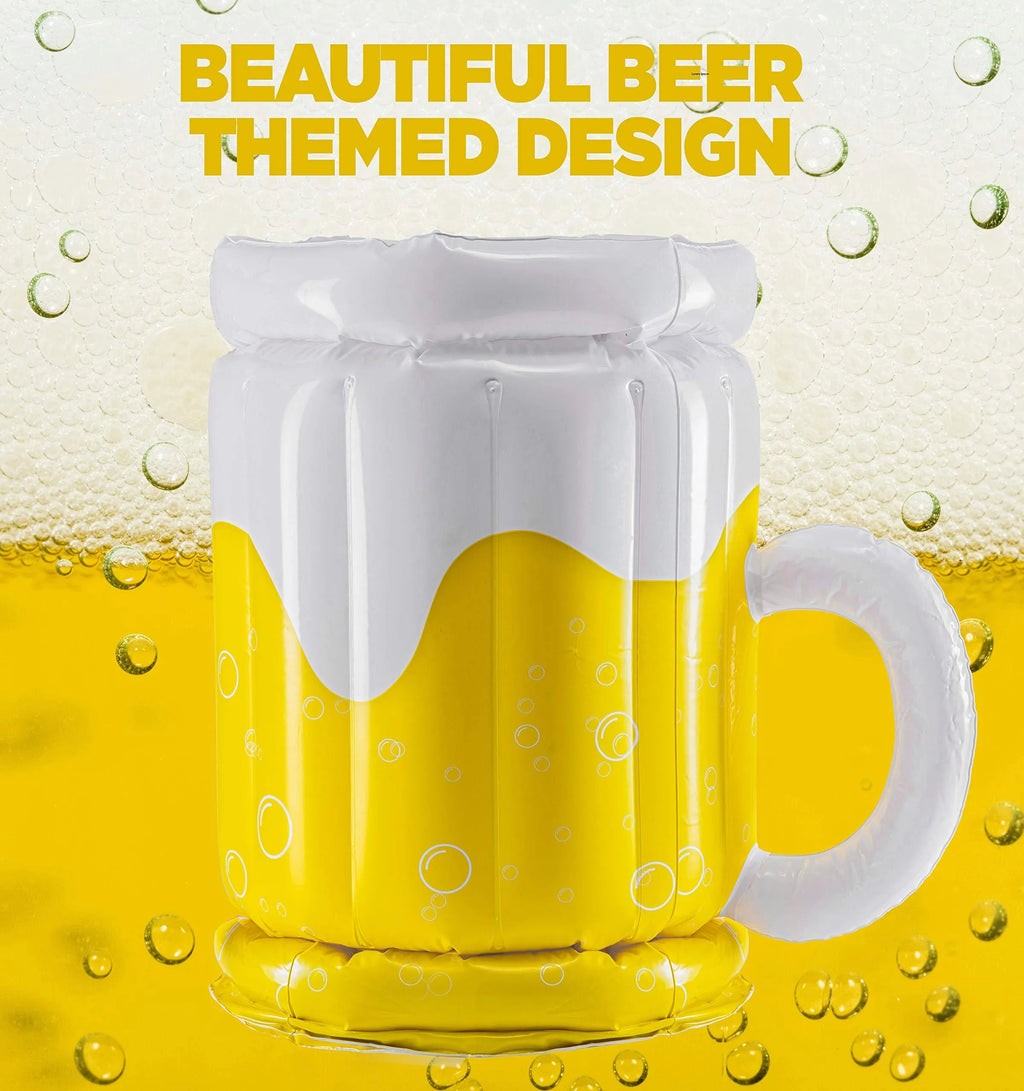Large yellow inflatable beer mug cooler floating in pool with drinks
