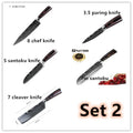 Stainless steel kitchen knife with coloured wood handle and laser Damascus pattern on the blade