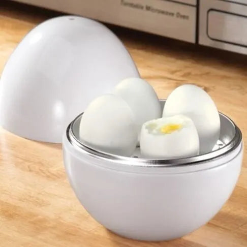White plastic microwave egg cooker with aluminium inner layer for 1-4 eggs.