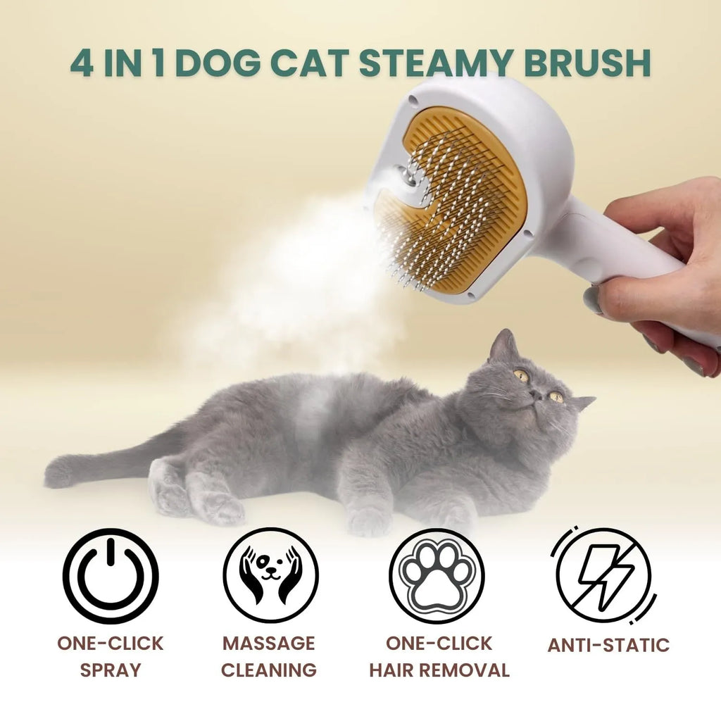 White pet grooming brush with water spray and steam function for dogs and cats