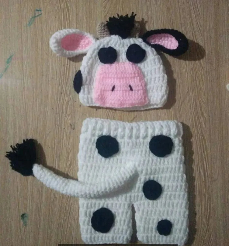 Handmade white baby cow suit knitted set with trousers and matching hat