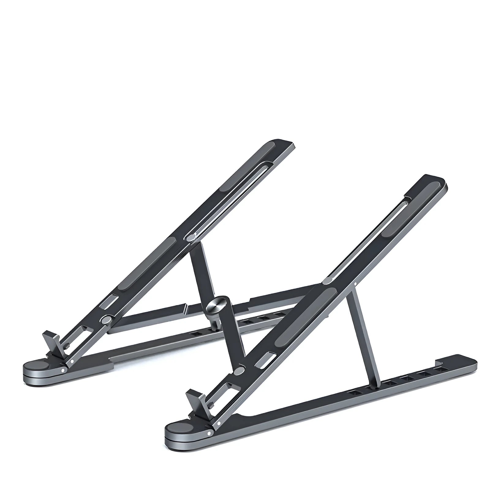 Silver foldable aluminium laptop stand holding a MacBook at an adjusted angle