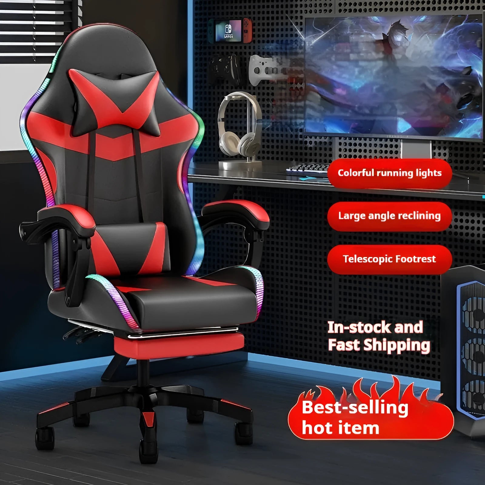 Adjustable reclining massage computer chair with footrest lights in leather for home gaming office use