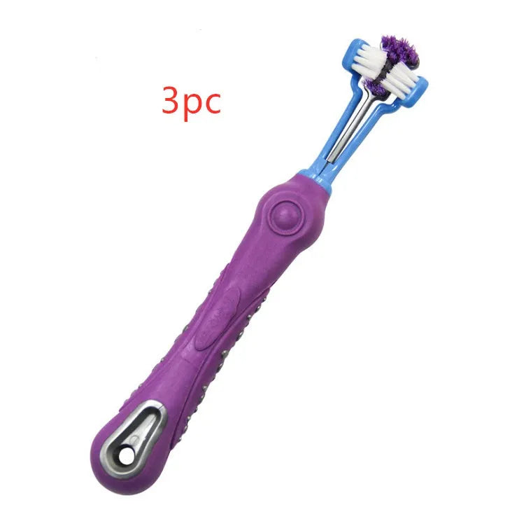 Three sided pet toothbrush with PP TPR handle and nylon bristles in green colour on white background