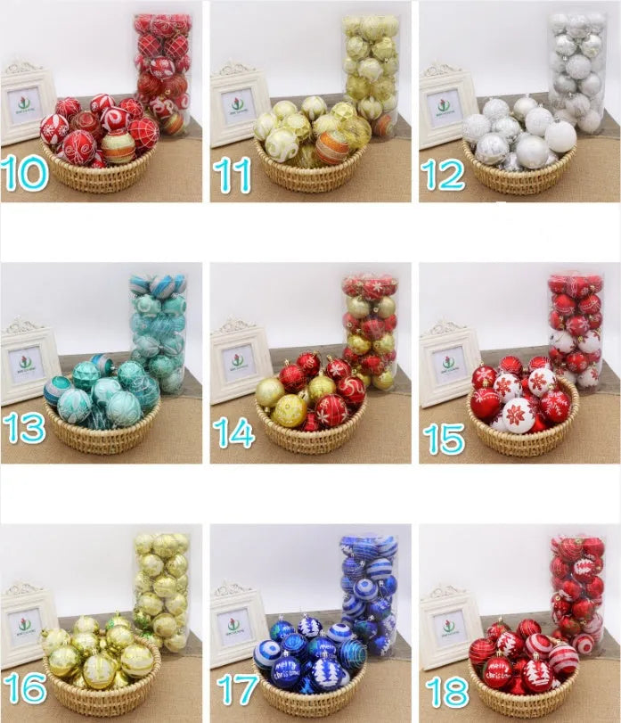 Set of 6cm metallic PVC Christmas ball ornaments in various colours including red, gold, silver, and blue.