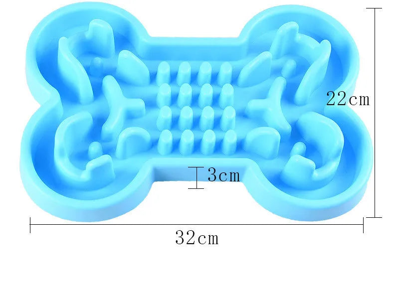 Bone puzzle silicone dog bowl slow feeder in blue with raised ridges for interactive feeding