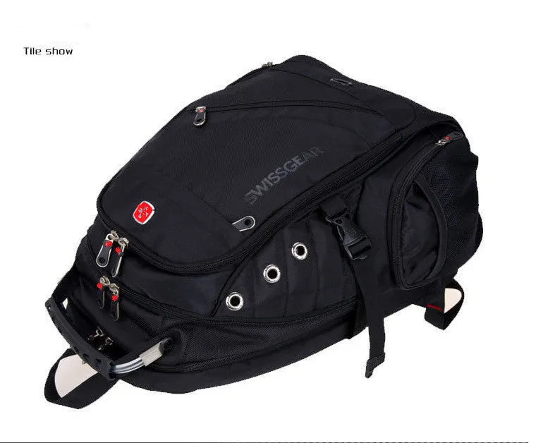 Black polyester travel outdoor backpack with waterproof breathable fabric, hard handle, shoulder pad and metal element