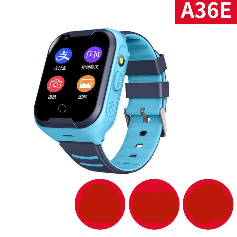 Blue and pink children's smart watch with touch screen for video calls and GPS tracking.