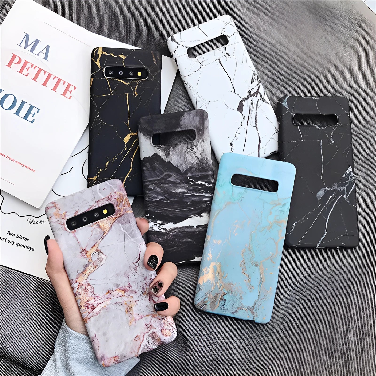 Marble pattern Samsung phone case showing back cover design with PC construction