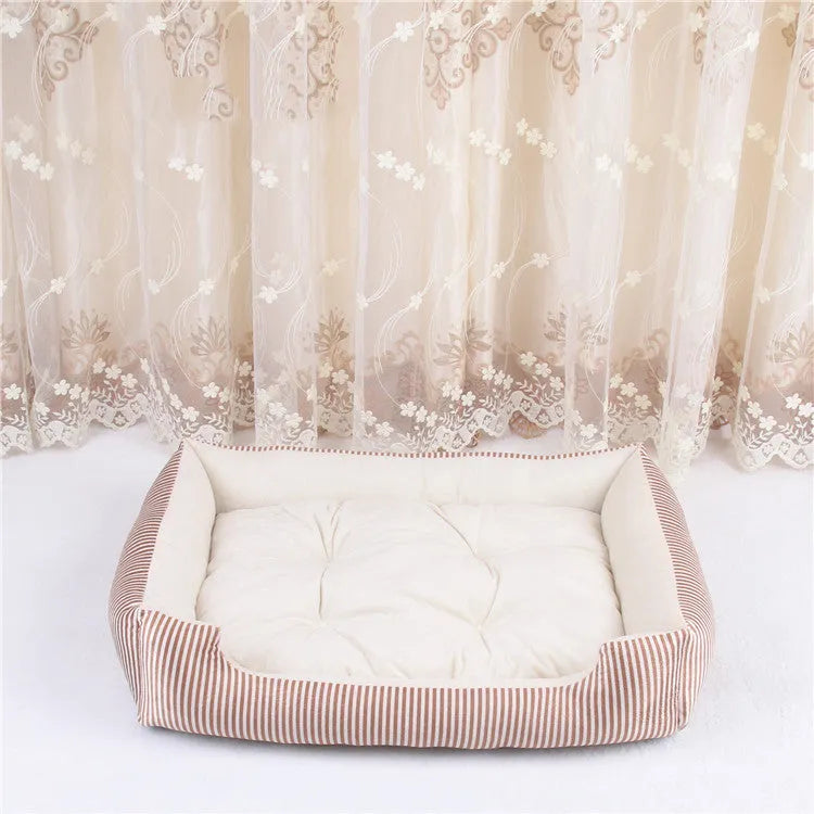 Rectangular soft cloth pet bed for dogs and cats with a removable cover, shown in a stripe pattern.