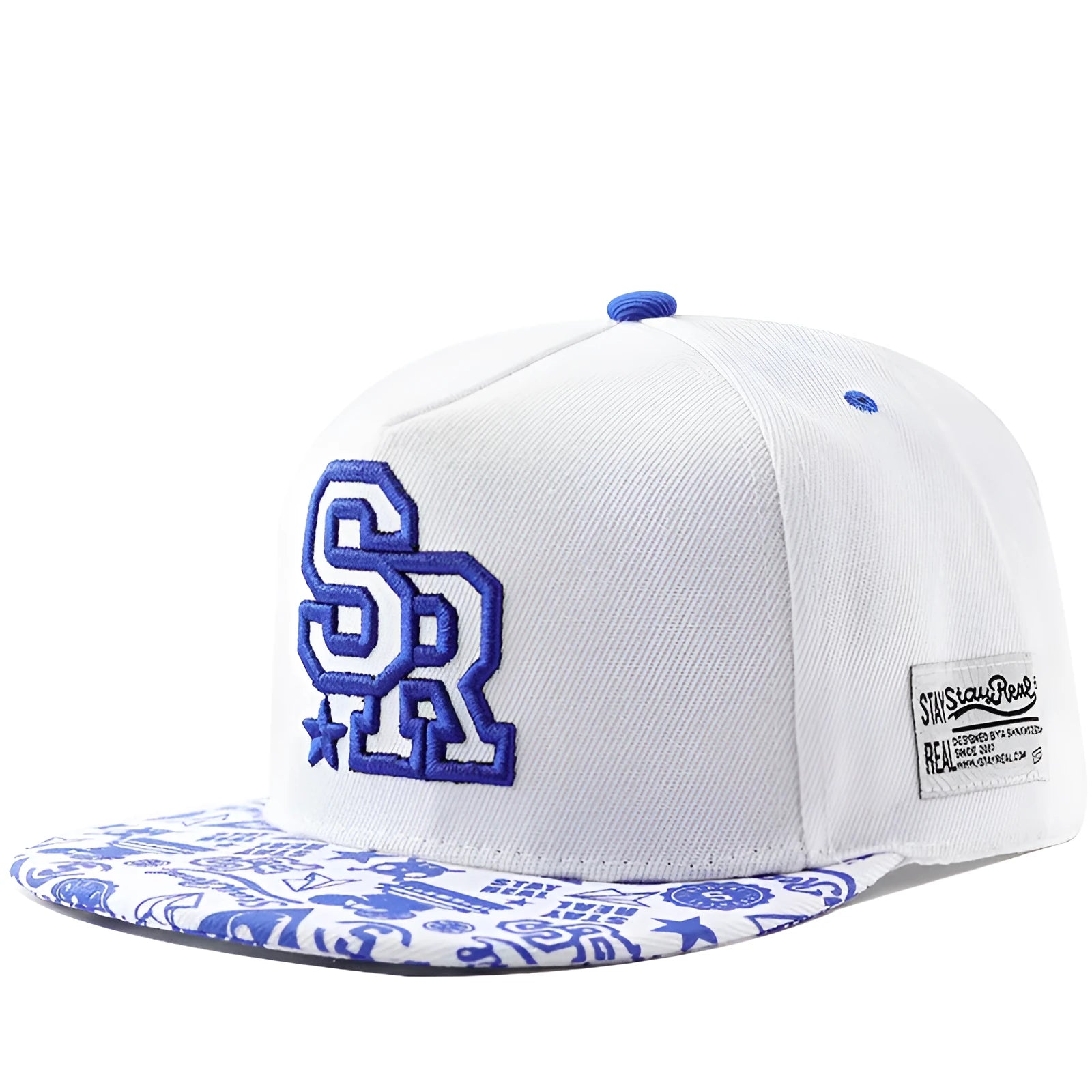 White cotton baseball cap with embroidered lettering on the front, showing the adjustable strap at the back.