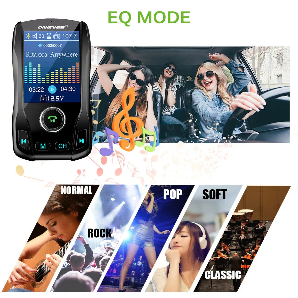 Black car FM transmitter with colour screen and flexible hose plugged into a vehicle power socket