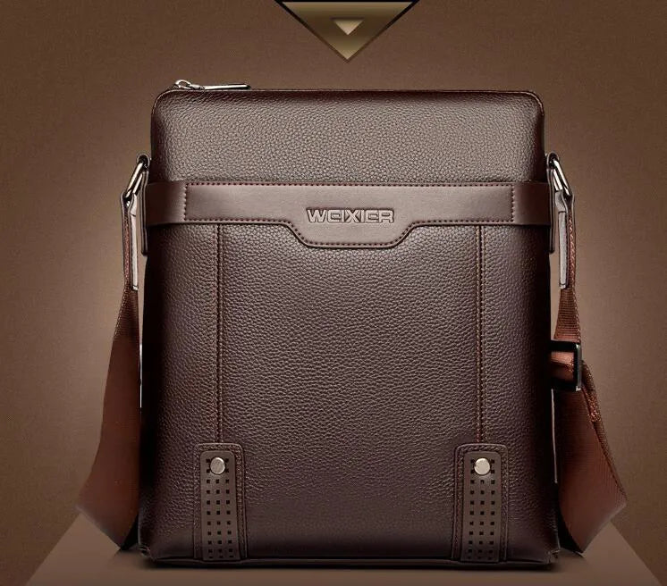 Men's fashion PU leather messenger bag with zipper closure in black, solid pattern, interior phone pocket