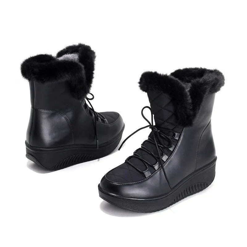 Black women's winter boots with lace-up closure, water-resistant PU leather, and a plush lining.