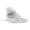 Black and white vertical ergonomic wired computer mouse showing handshake grip position
