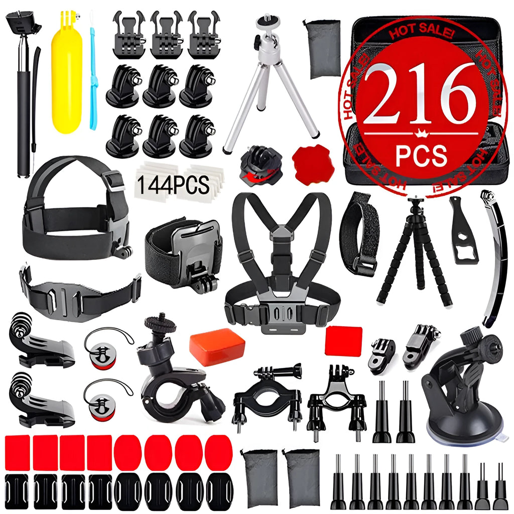 Black sports camera accessories set with mounts, straps, tripods, and 144 anti-fog films on display