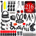 Black sports camera accessories set with mounts, straps, tripods, and 144 anti-fog films on display