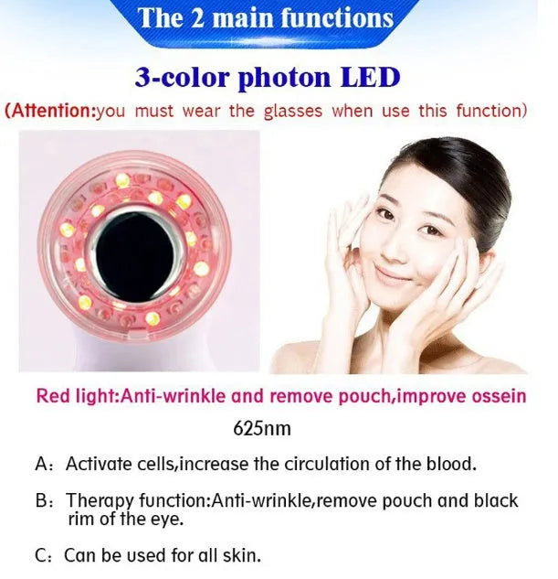 3MHz LED photon facial massager with 36 R/G/B light modes, 17.5cm handheld device for face and body