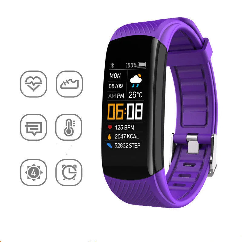 Adult sports silicone pedometer bracelet smart band with touchscreen on a wrist.