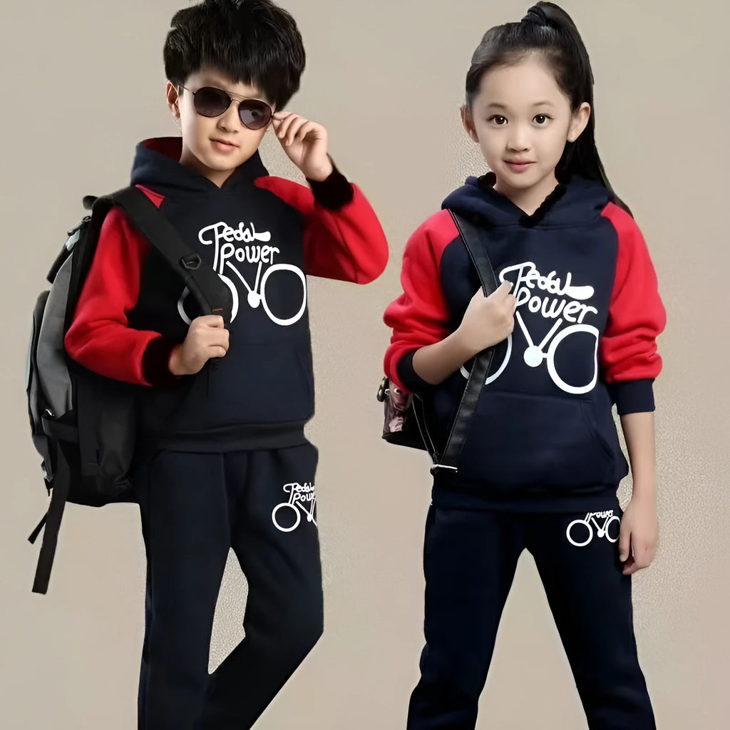 Older child wearing a black Korean-style long sleeve sweater sports suit set.