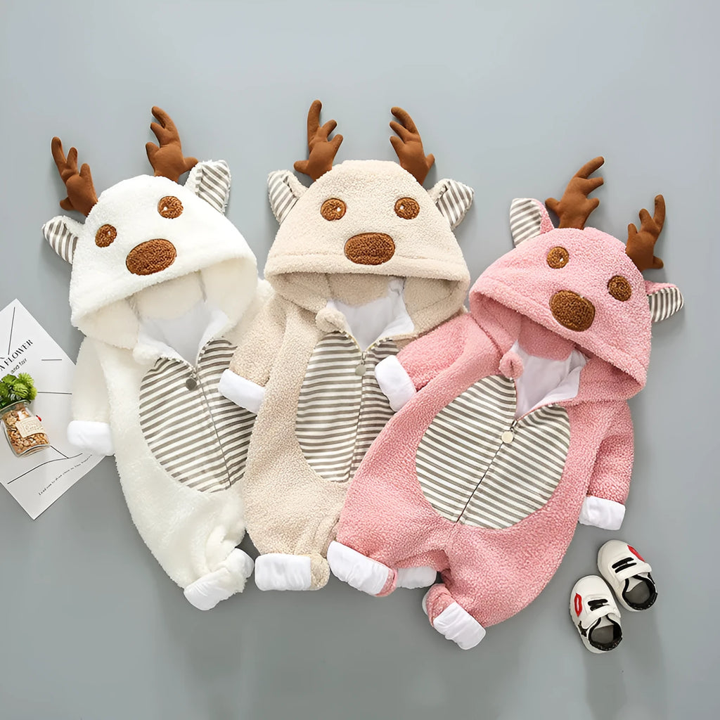 Long sleeve baby romper with lace-up strap closure in khaki, pink, or white colour.