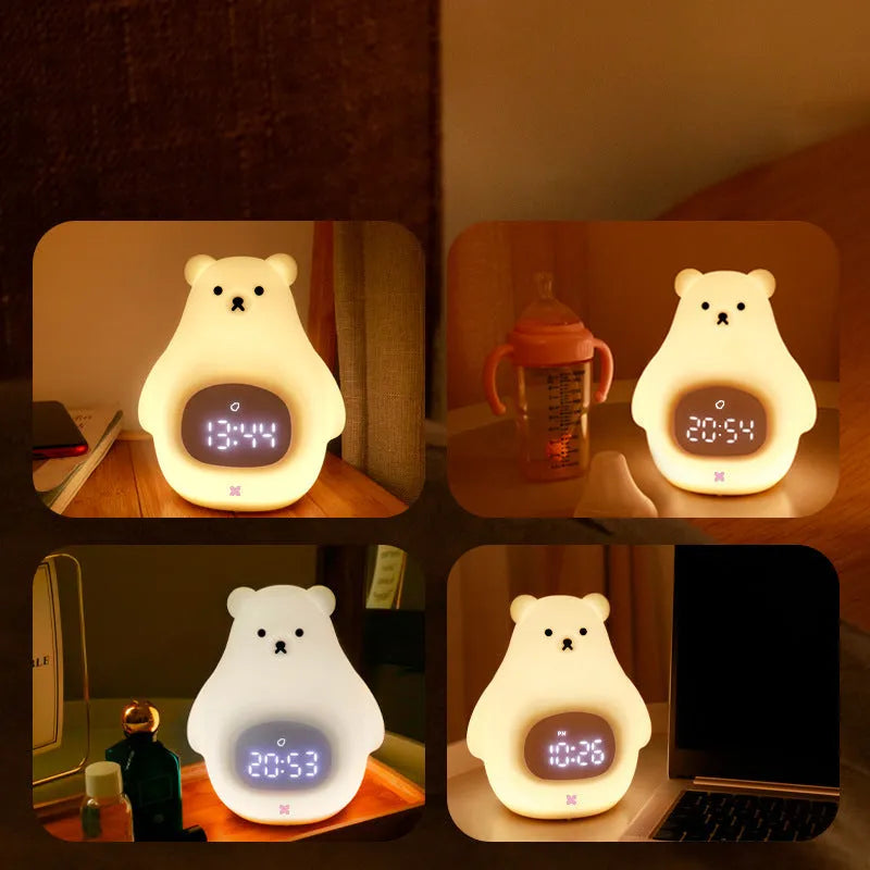 Big White Bear shaped silicone night light with remote control on a bedside table.