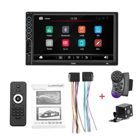 7 inch double DIN car MP5 player with TFT touchscreen, USB, SD, and Bluetooth connectivity