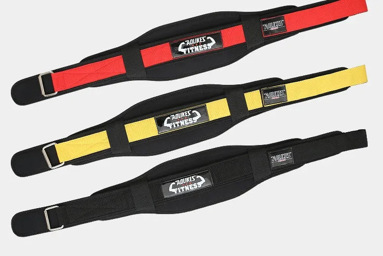 Black nylon fitness weightlifting waistband shown on an adult, adjustable and designed for support.