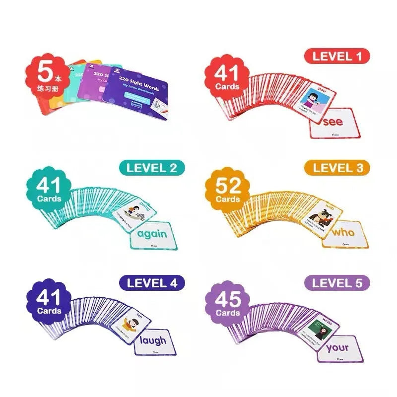 220 high-frequency word cards and 5 workbooks for early childhood literacy education