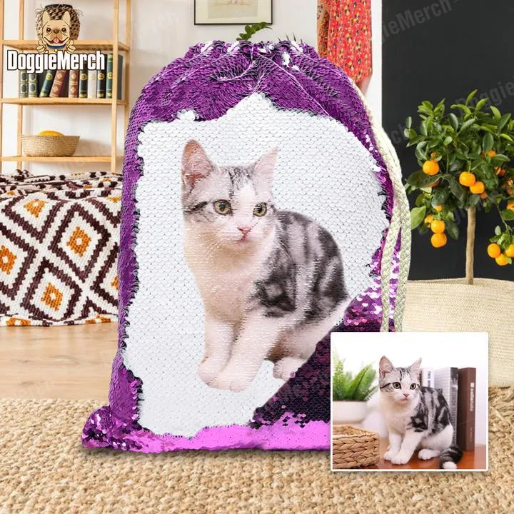 Custom purple sequin backpack with dog photo and drawstring closure