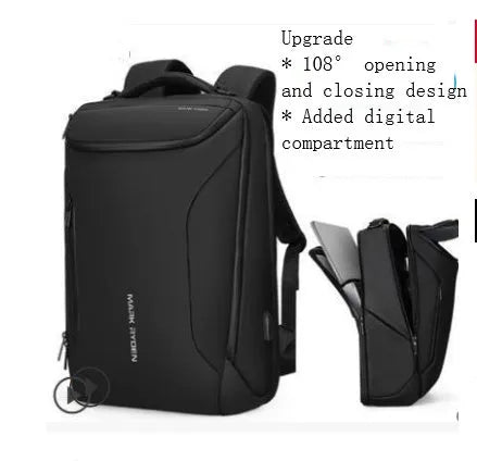 Black Oxford cloth backpack with USB charging port and 108° opening design, 20-35L capacity
