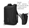 Black Oxford cloth backpack with USB charging port and 108° opening design, 20-35L capacity