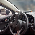 Black car steering wheel lock with alarm, alloy body and artificial leather handle, folded for storage