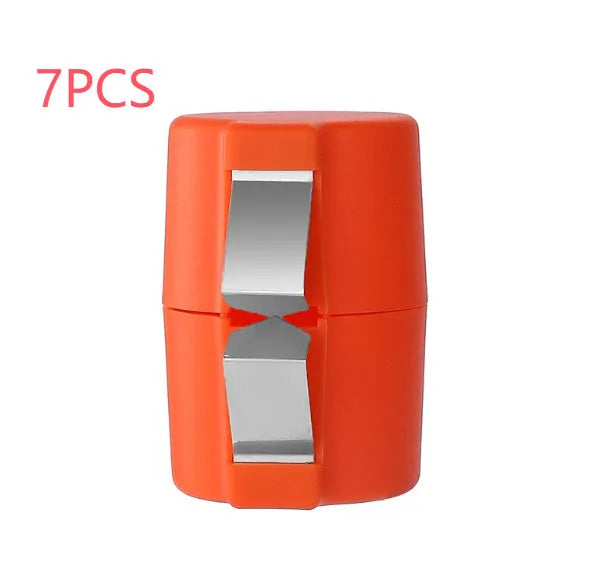 Colourful egg shell opener and beater kitchen tool made of stainless steel and plastic on a kitchen counter.