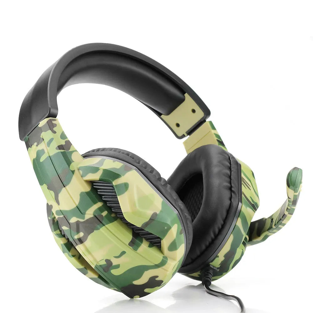 Army green camouflage wired over-ear gaming headset with microphone and 3.5mm plug on a black cable.