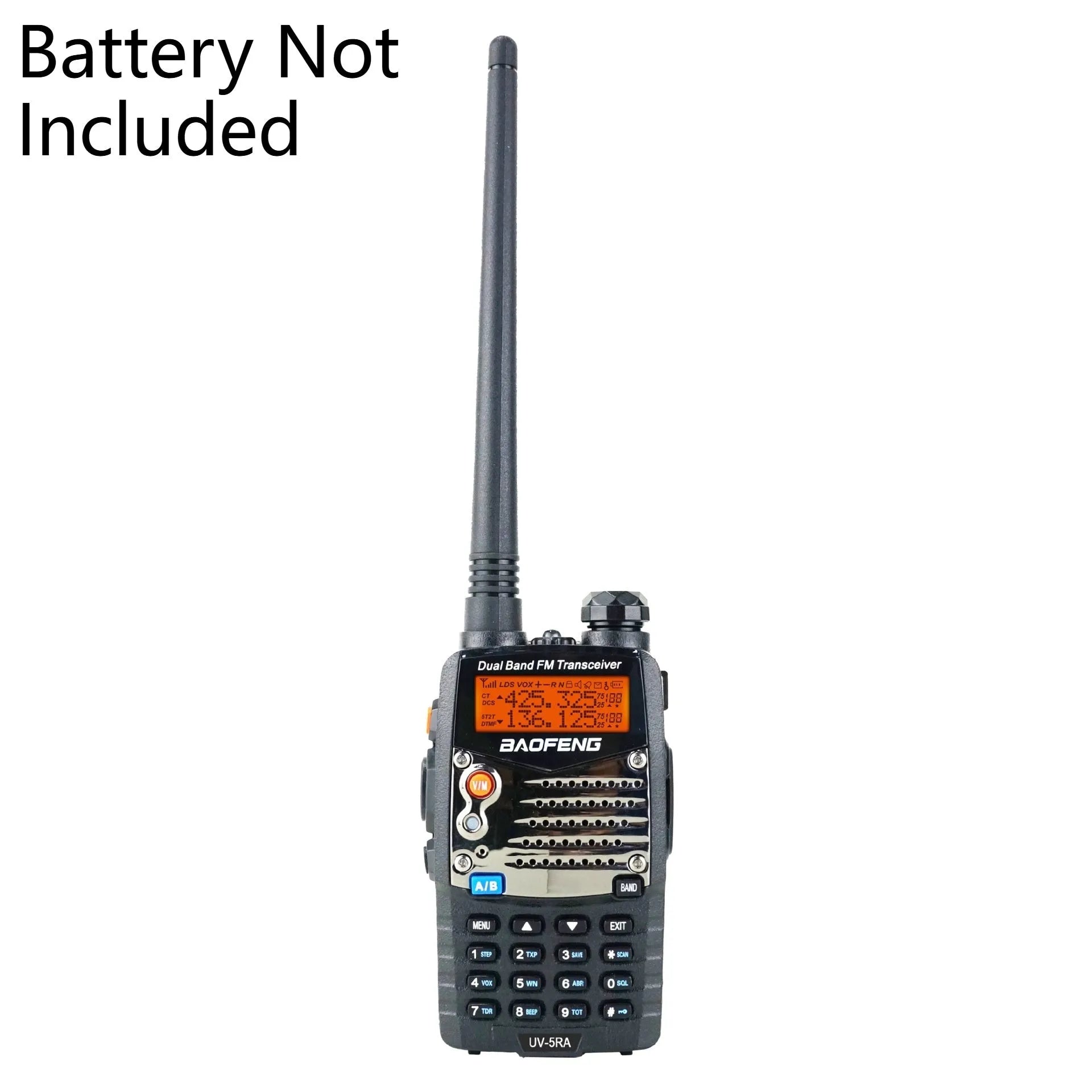 Baofeng UV-5RA black handheld dual-band two-way radio with dual display screen and keypad.